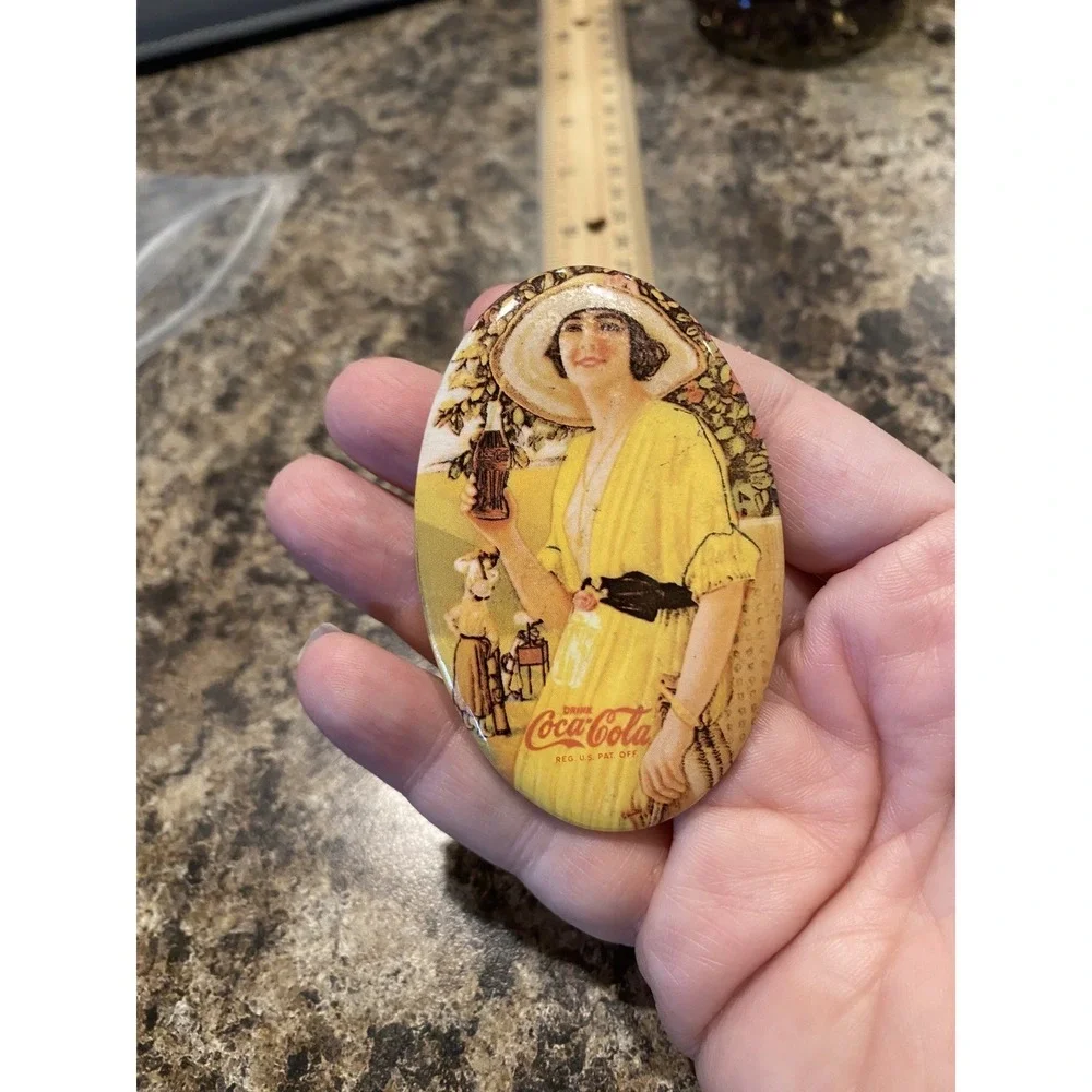 Vintage 1970's Coca-Cola Oval Pocket Mirror -girl in yellow